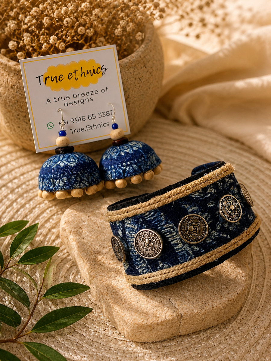 Indigo beaded zhumki with handcuff