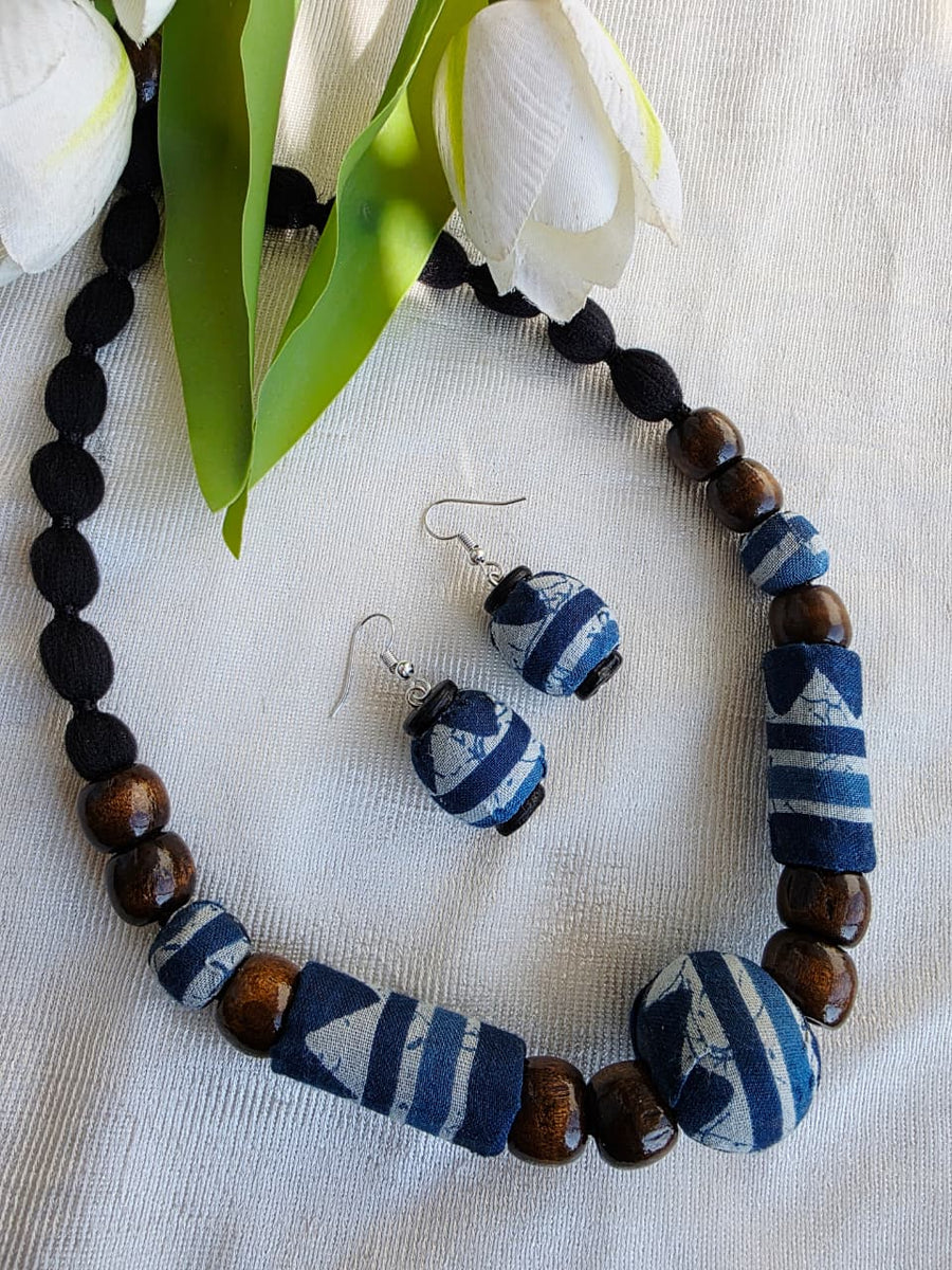 FABRIC BEADED MALA INDIGO PRINTED